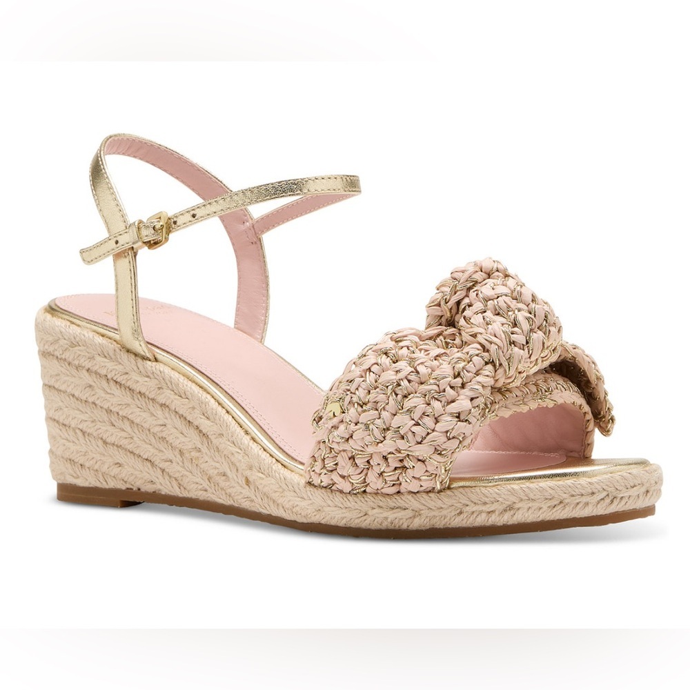 Kate Spade Women LEATHER Bow Strap Espadrille Wedge Platform Sandal 9.5 B GOLD